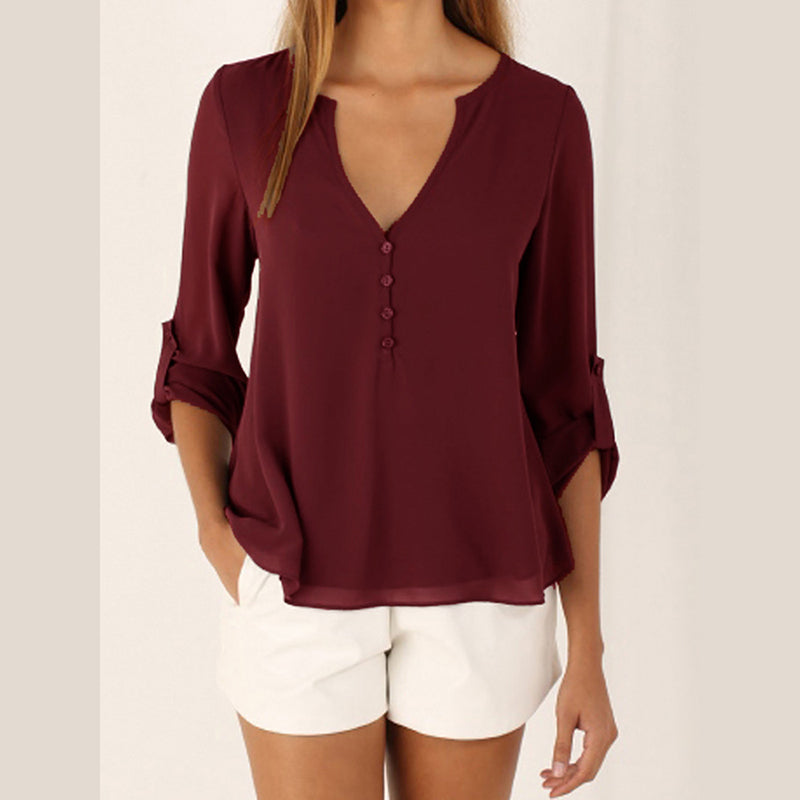 Elegant Chiffon Shirt Women Long-Sleeved V-neck Loose Large Blouses V Neck Tops Solid Color Shirts Woman Summer Clothing