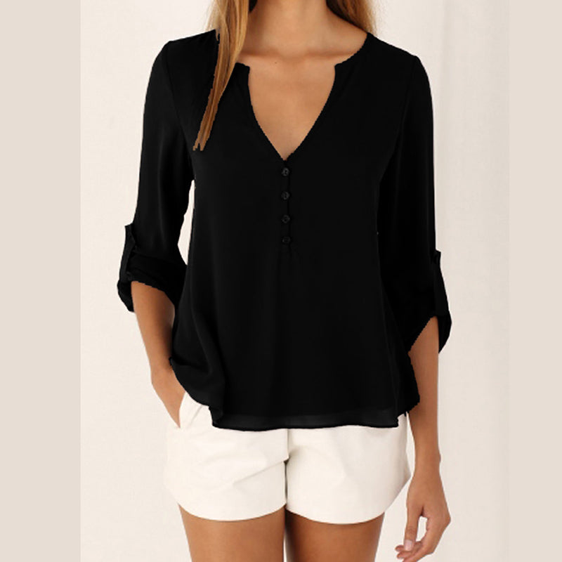 Elegant Chiffon Shirt Women Long-Sleeved V-neck Loose Large Blouses V Neck Tops Solid Color Shirts Woman Summer Clothing