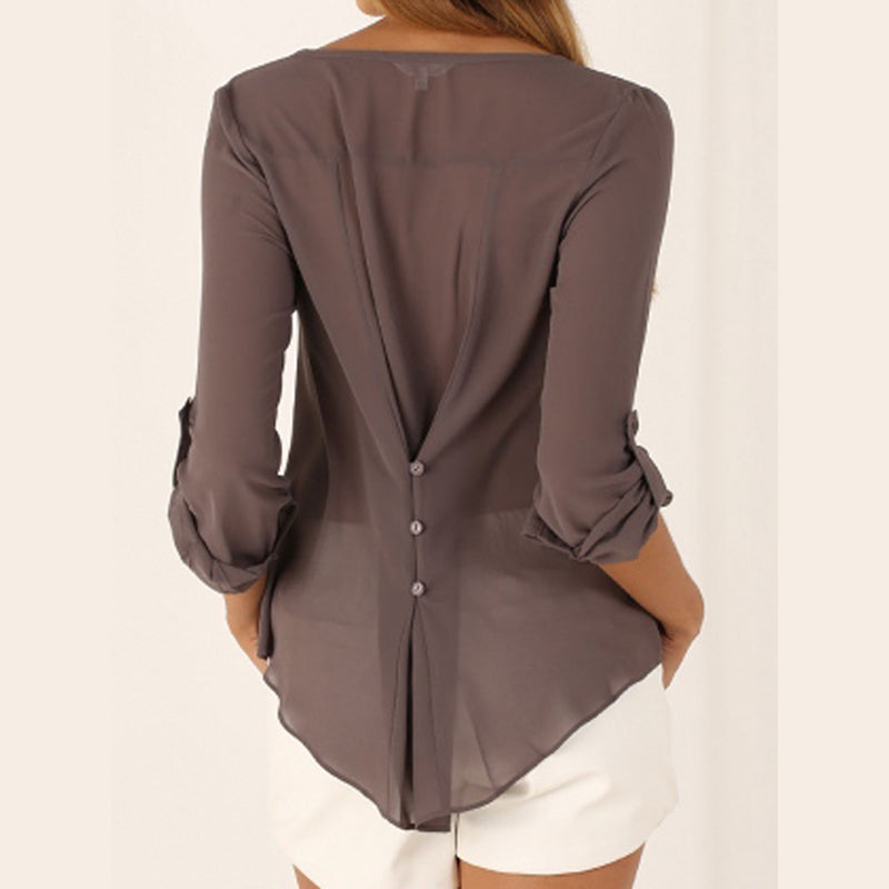 Elegant Chiffon Shirt Women Long-Sleeved V-neck Loose Large Blouses V Neck Tops Solid Color Shirts Woman Summer Clothing