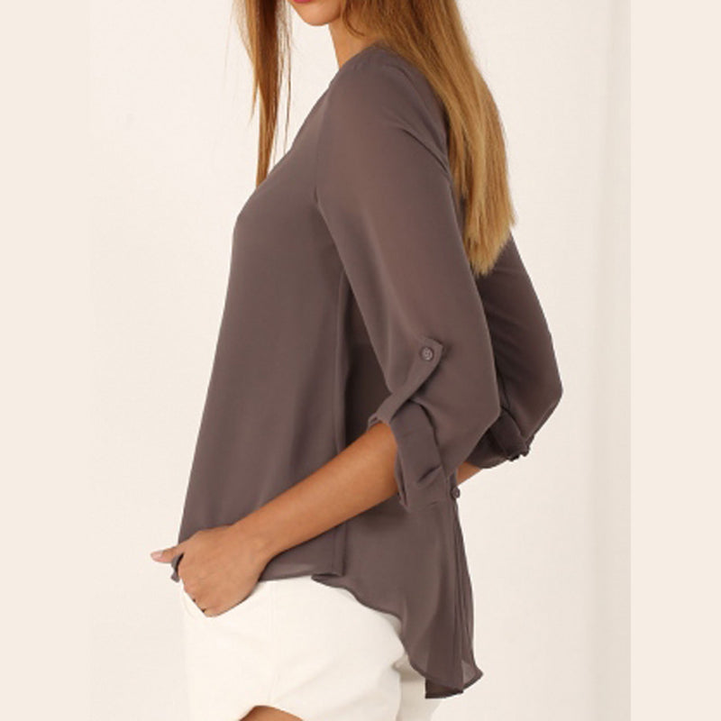 Elegant Chiffon Shirt Women Long-Sleeved V-neck Loose Large Blouses V Neck Tops Solid Color Shirts Woman Summer Clothing