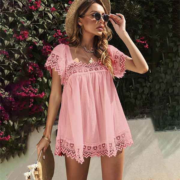 Summer Solid Color Casual Lace Shirt European and American Ladies Loose All-match U-neck Short-sleeved Top