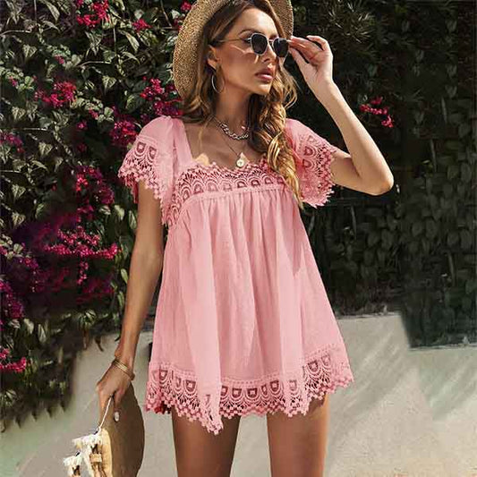 Summer Solid Color Casual Lace Shirt European and American Ladies Loose All-match U-neck Short-sleeved Top