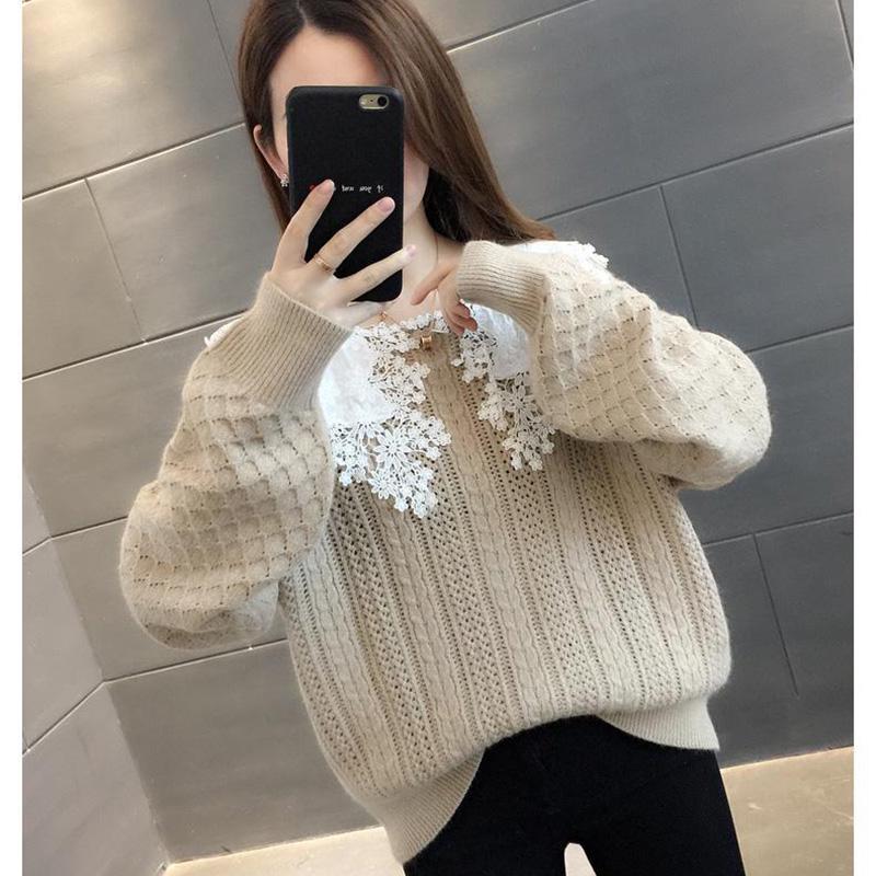 Spring and Autumn Style Outer Wear Lace Doll Collar Sweater Loose Long Sleeve Sweater Women