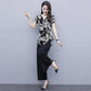 Suit Printed Chiffon Shirt Summer Temperament Casual Suit V-neck Short Sleeve Shirt + Loose Wide Leg Pants Lightweight