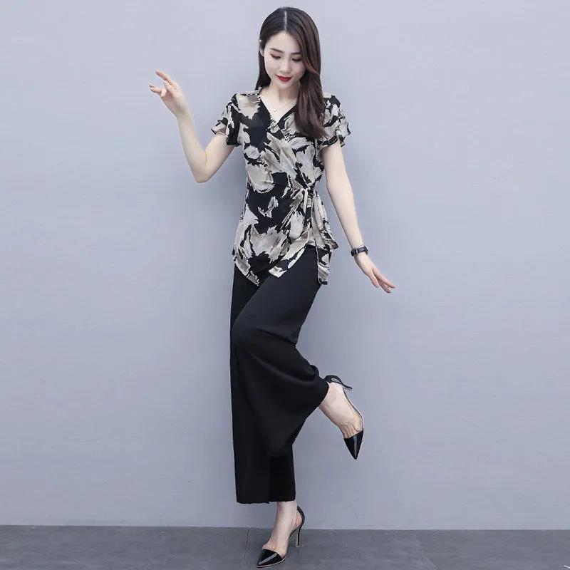 Suit Printed Chiffon Shirt Summer Temperament Casual Suit V-neck Short Sleeve Shirt + Loose Wide Leg Pants Lightweight