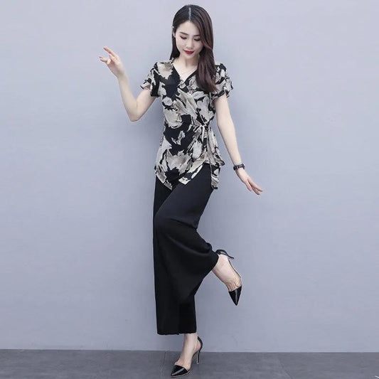 Suit Printed Chiffon Shirt Summer Temperament Casual Suit V-neck Short Sleeve Shirt + Loose Wide Leg Pants Lightweight