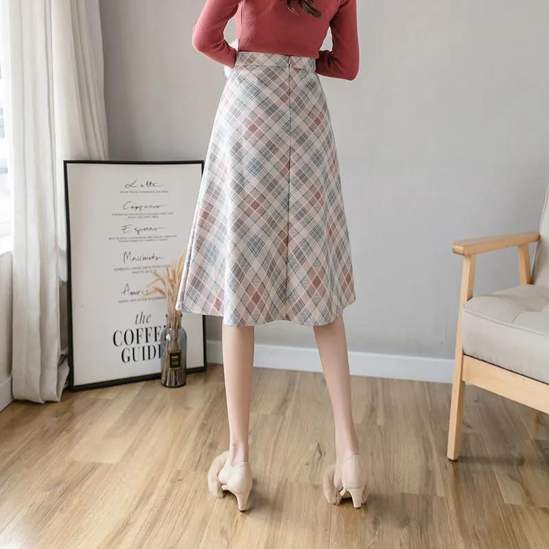Autumn and Winter New High-waist Woolen Plaid Skirt Women's Mid-length A-line Large Skirt Over-the-knee Umbrella Skirt Autumn