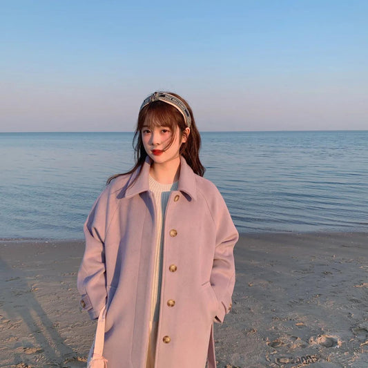 Purple Mid-length Woolen Coat Women Winter College Style Loose Tie Thickening Plus Cotton Woolen Coat Women