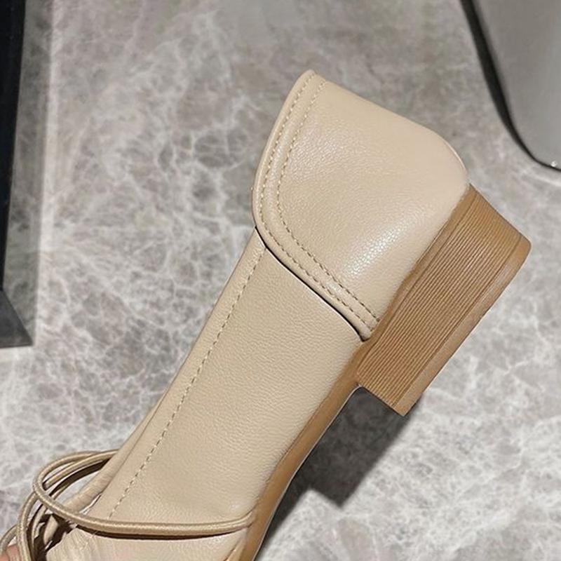 Soft Leather Peas Shoes Women's Single Shoes Wild Square Toe Elastic Buckle Women Low-heeled Leather Shoes Retro British Style