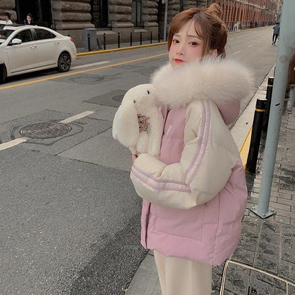 Fluffy Fur Collar Down Padded Jacket Women Autumn and Winter Thick Loose Loose Short Padded Jacket Jacket Hooded Warm Bread Jacket Padded Jacket