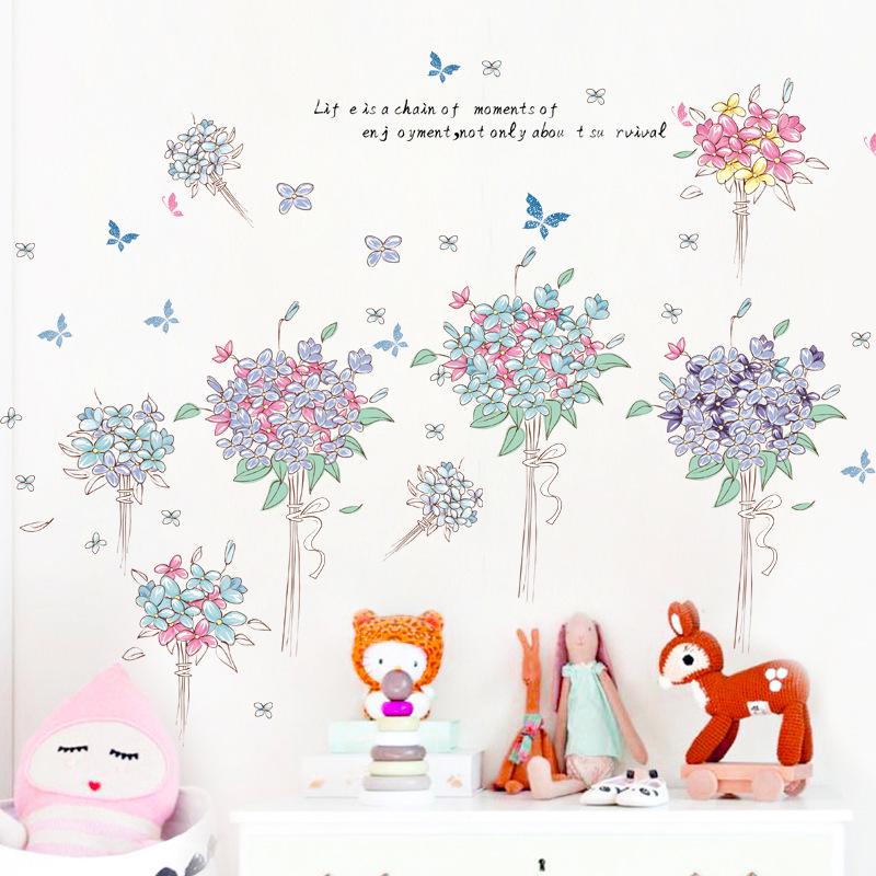 [hydrangea bouquet]  removable wall stickers PVC transparent film blue flower wallpaper for girls