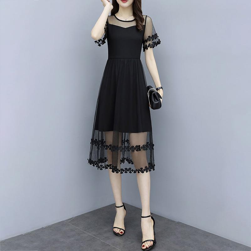 Large Size M-XXXXXL Summer Black Chiffon Stitching Laced Neckline Round Yarn Flower A-line Dress