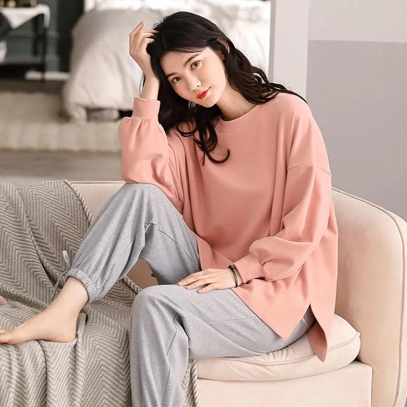 Women Pajamas Set Long Sleeve Pyjamas Suit Spring Autumn Sleepwear Winter Home Wear Loose Casual Pullover Round Neck Cute Nightwear Tops Pants