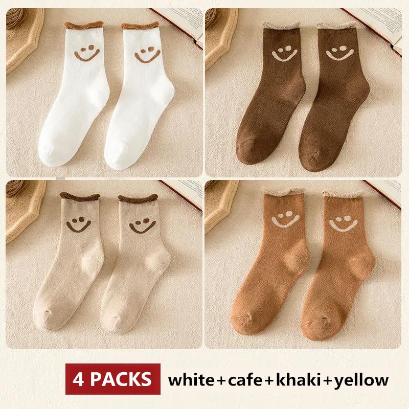 4 Pairs Women's Thick Socks Cute Smile Face Stockings Japanese Autumn Winter Warm Plus Velvet Socks Solid Color Indoor Floor Socks