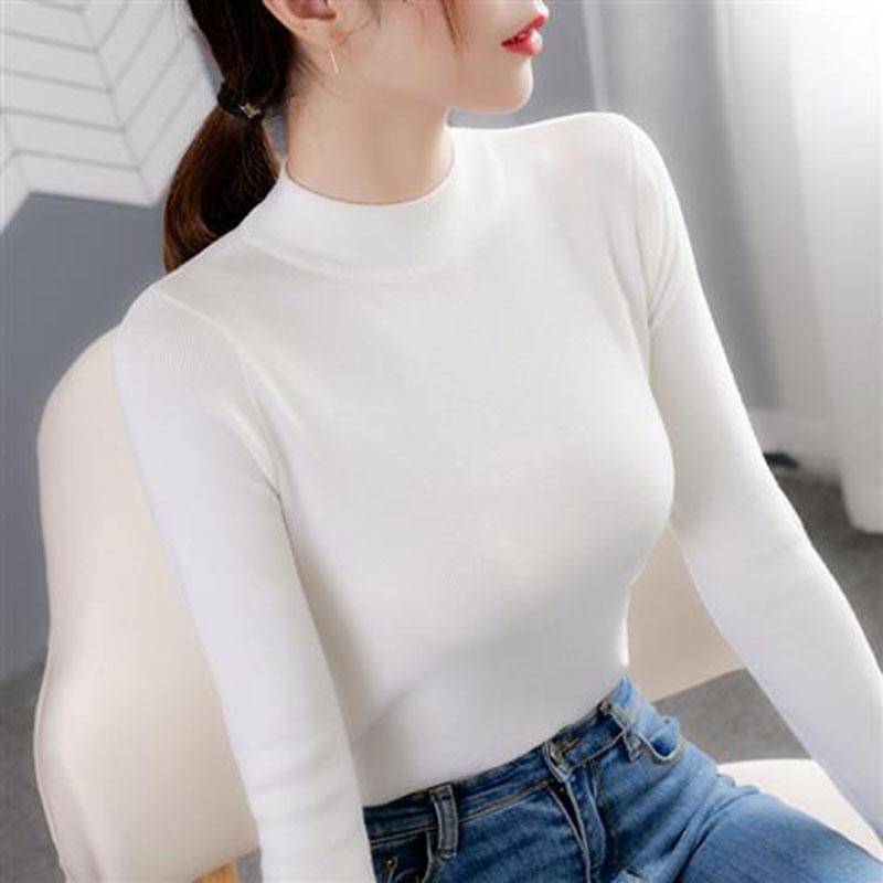 Pofulove Autumn Winter Female Half-high Collar Sweater Long-sleeved Top Bottoming Base Inside Wear