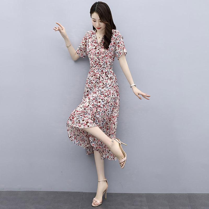 Chiffon Dress Feminine Temperament Elegant Waist Thin French Floral Long Skirt Can Be Belted Slimming Thin Ladies Chiffon Dress
