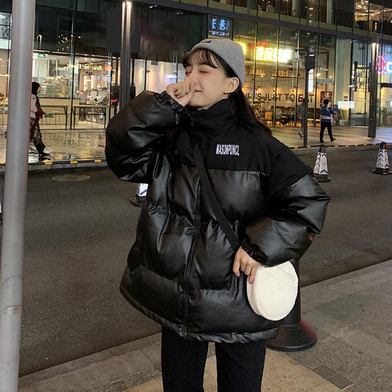 Winter Ins Loose Stitching Letter Printing Cotton-padded Jacket Women's PU Leather Stand-up Collar Warm and Windproof Bread Jacket