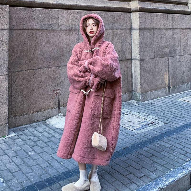 Winter Women's Lamb Wool Coat Big Pocket Hooded Fleece Coat Korean Style Loose Mid-length Over-the-knee Plush Coat