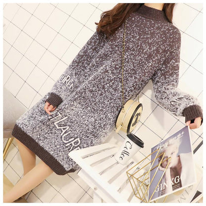 Women Cute Stitching Winter Knitted Sweaters Female Loose Long Sleeve Autumn Loose Sweater Dress