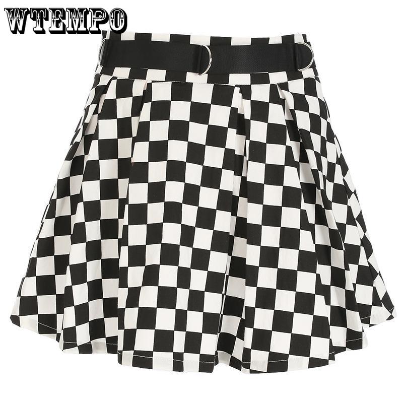 Womens Black and White Glazed Chain Checkerboard High Waist Skirt Streetwear Cotton Plaid Skirts Dancing Short Mini Skirts