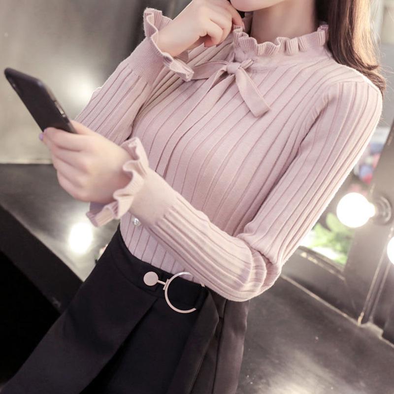 Bowknot Plus Cashmere Korean Knit Sweater Autumn and Winter Long-sleeved Slim Pullover Sweater Wood Ear Bottoming Shirt