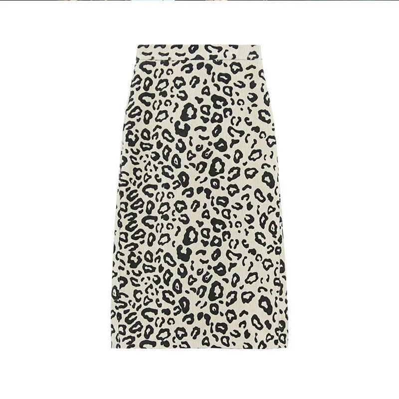 Net Red Corduroy Elastic Skirt Autumn and Winter Women's Mid-length Skirt High Waist Leopard Print Hip Skirt Trend