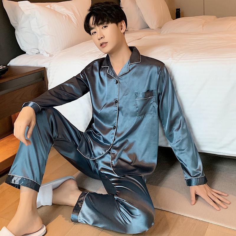 Plus Fat Plus Size Men's Pajamas Spring and Autumn Long-sleeved Ice Silk Thin Korean Home Service Two-piece Suit