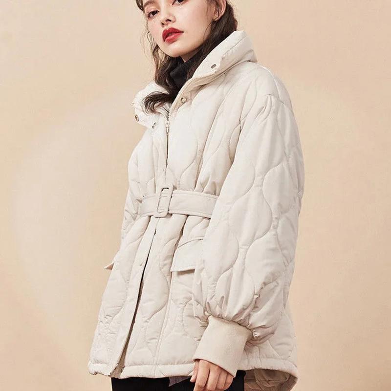 Winter Jackets for Women White Thick Warm Coat with Tie Belt Elegant Lady Cotton Casual Parkas Fashion Solid Down Jacket