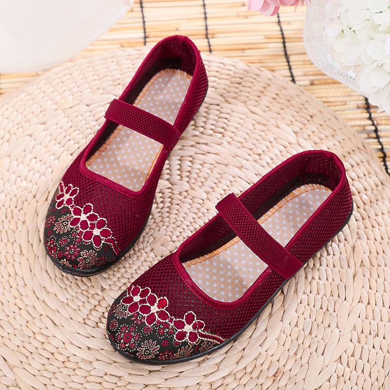 Old Beijing Cloth Shoes Women's Single Shoes Summer Mother Shoes Middle-aged and Elderly Breathable Mesh Shoes Flat Hollow Cloth Shoes