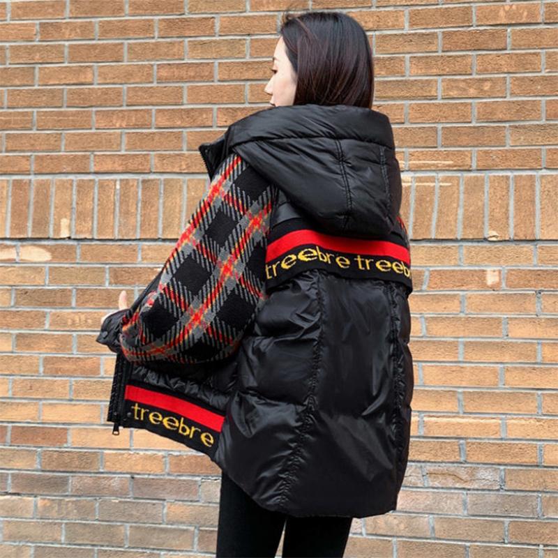 Women's Plaid Print Short Down Jacket Winter Korean Loose Quilted Jacket Casual Warm Hooded Down Jacket