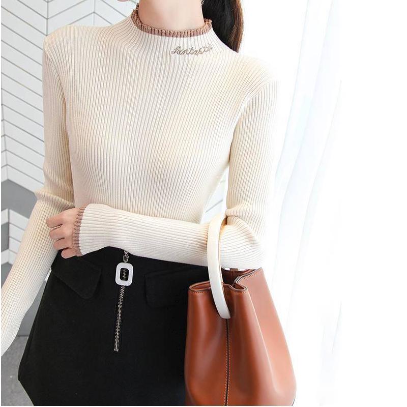 Women Embroidered turtleneck sweater long sleeve Pullover slim tight-fitting jumper top winter