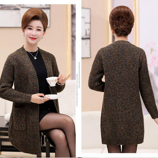 Autumn and Winter V-neck Cardigan Sweater Mid-length Casual Slim Jacket Simple Middle-aged and Elderly Ladies Jacket