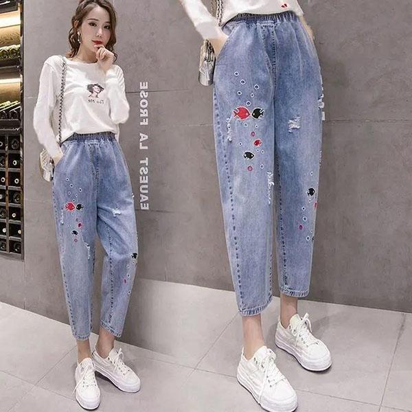 M-4XL Women's Spring Summer Print Jeans Female Autumn Loose Large Size Elastic Waist Blue Harem Pants