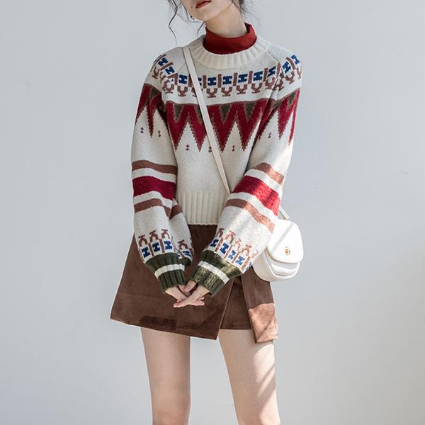 Vintage  Printed Sweater Women Bottoming Sweater Loose Casual Knit Pullover Sweater Autumn Winter