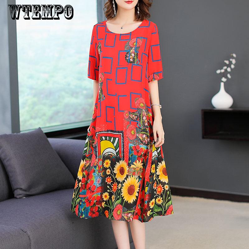 Wtempo Silk Dress Spring Summer Floral Print Women Silk Dress Loose Fashion Casual Dress Female