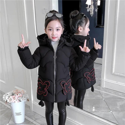 Girls' Winter Coat with Butterfly Decoration Beautiful Jacket Children's Down Padded Jacket Girl Mid-length Thicken Jackets