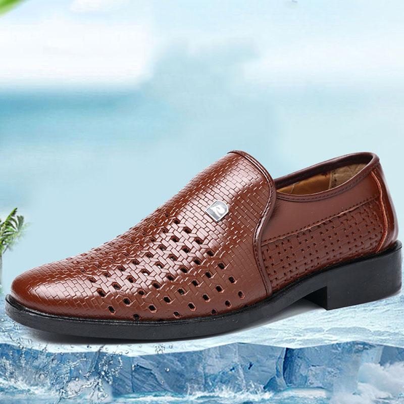Leather Men Shoes Summer Hollow Breathable Oxfords Man Casual Shoes Slip on Formal Dress Shoes for Man