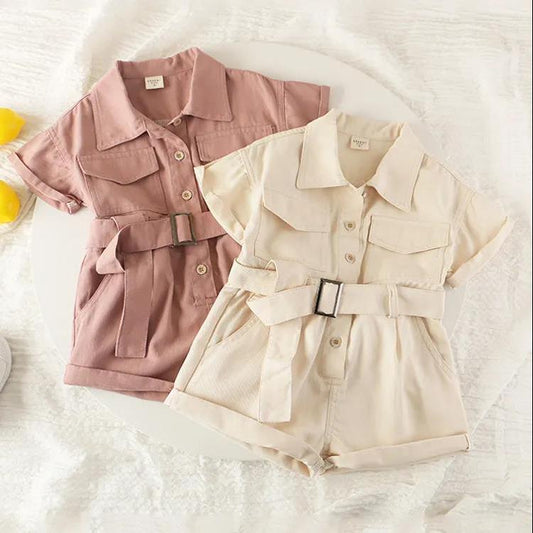 Girls' Denim One-piece Suit Summer Children's Work Clothes One-piece Pants Single breasted Belt Button Korean Style Casual Set