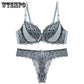 Flowers Brassiere Purple Lace Underwear Transparent Bra Set Plus Size Sexy Lingerie Set for Women