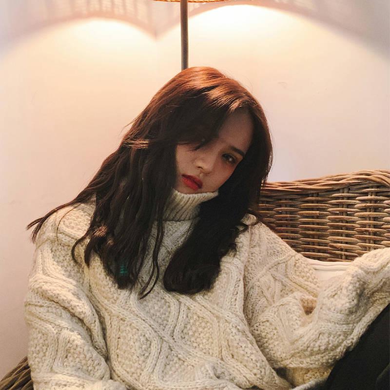 Pofulove Korean Solid Color Thick Turtleneck Female Autumn Winter Lazy Loose Twist Knitted Pullover