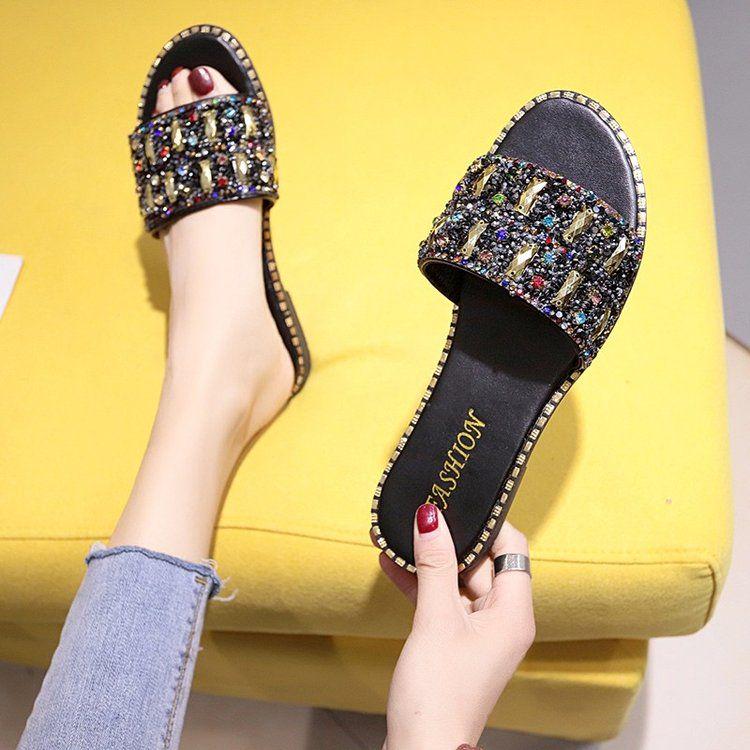 Net Red Slippers Women Wear Fashion 2020 Summer Flat Bottom Half Slippers Wild Rhinestone Sandals and Slippers Ins Tide