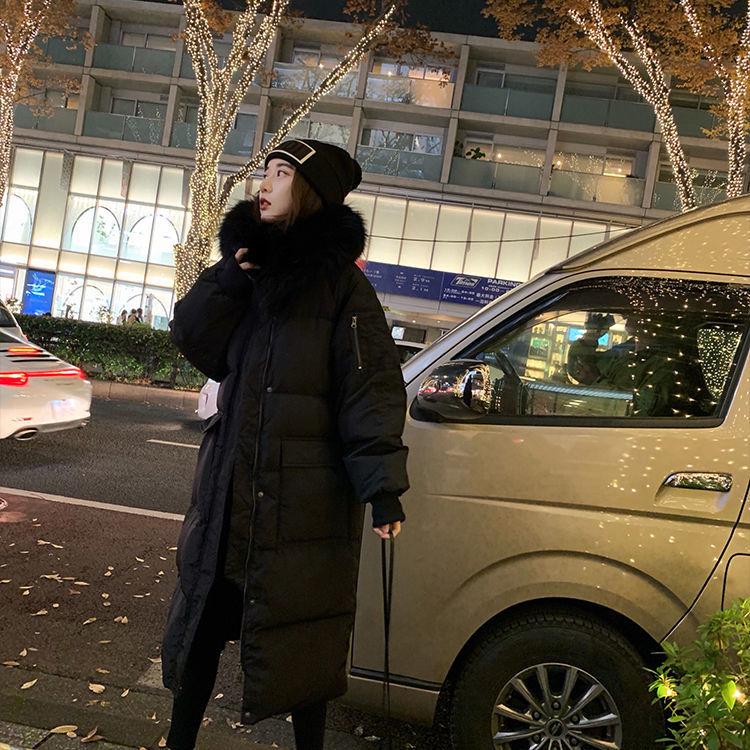 Winter Fluffy Big Fur Collar Hooded Down Jacket Women Mid-length Slim Over The Knee Thick Hooded Winter Warm Plus Fleece Jacket