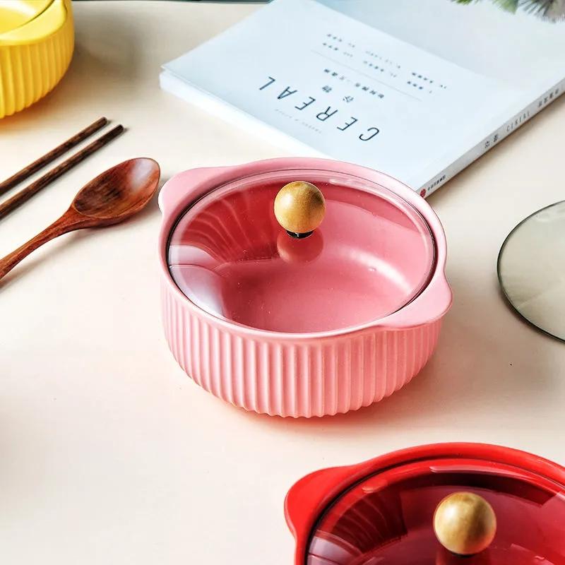Nordic Style Ceramic Instant Noodle Bowl with Lid Binaural Soup Bowl Student Dormitory Rice Bowl Large Fruit Dish