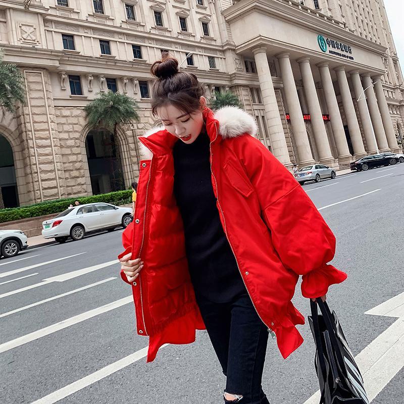 Winter Ruffled Thickened Women's Cotton-padded Jacket Mid-length Fur Collar Hooded Cute Rabbit Ears Cotton-padded Jacket Fashion Warmth Parka Coat