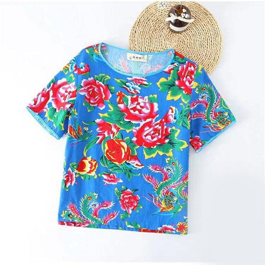 Chinese Style Printed Clothes Safflower T-shirt Lovers Personality Trend Top