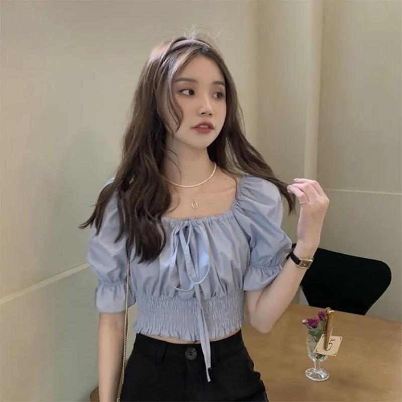 Korean Version of The Self-cultivation Lace Up Puff Sleeve Shirt Women's Design Sense Niche Short Top Trendy