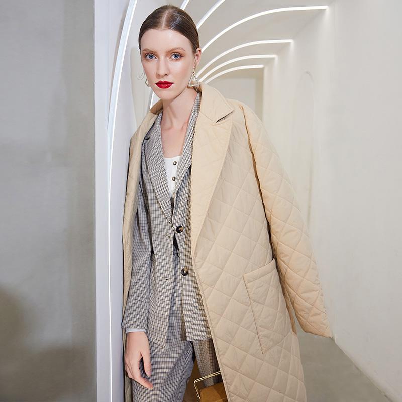 Long Straight Winter Coat with Rhombus Pattern Casual Sashes Women Parkas Deep Pockets Tailored Collar Stylish Outerwear