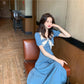 Female French Retro Elegant High Waist Small Knee Dress Navy Neck Bubble Sleeve Medium Length Slim Dress