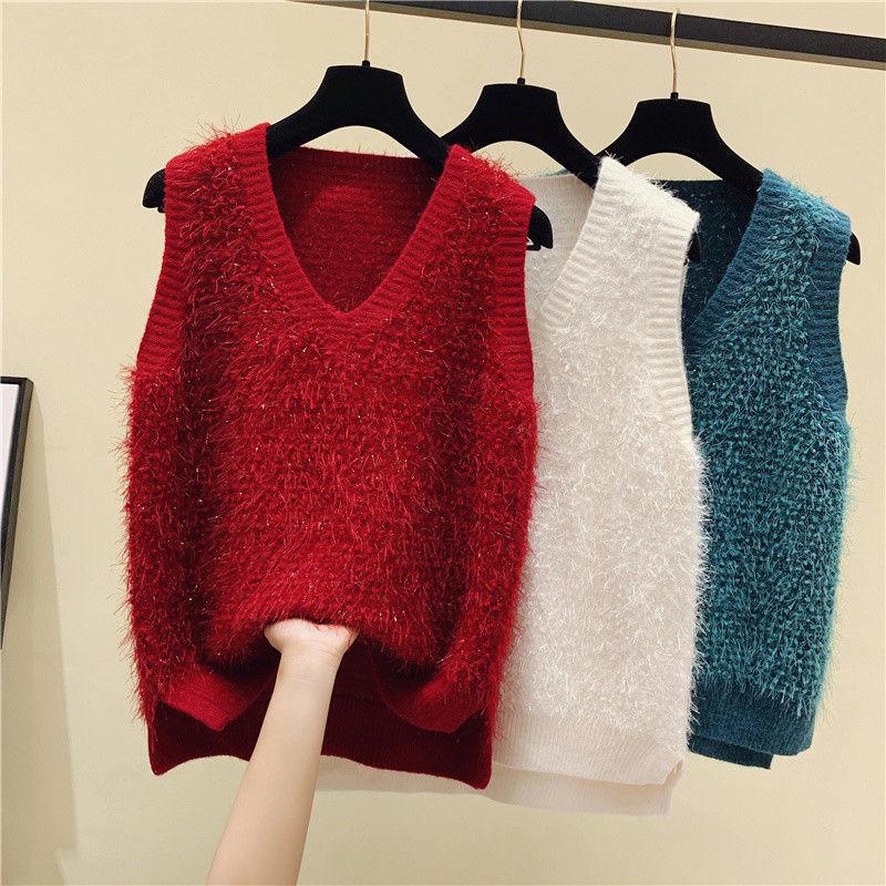 Spring and Autumn V-neck Knitted Vest Tweed Fabric Loose Sweater Women's Tassel Sleeveless Women's Top