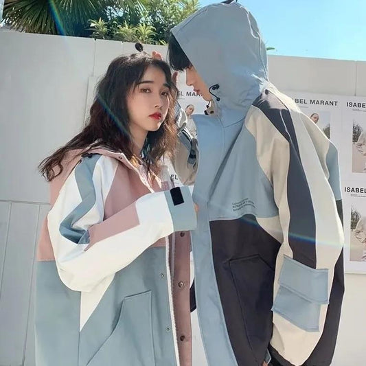 Men's and Women's Tooling Jackets Color Matching Casual Loose Jacket Hooded Jacket Tide Brand Lovers